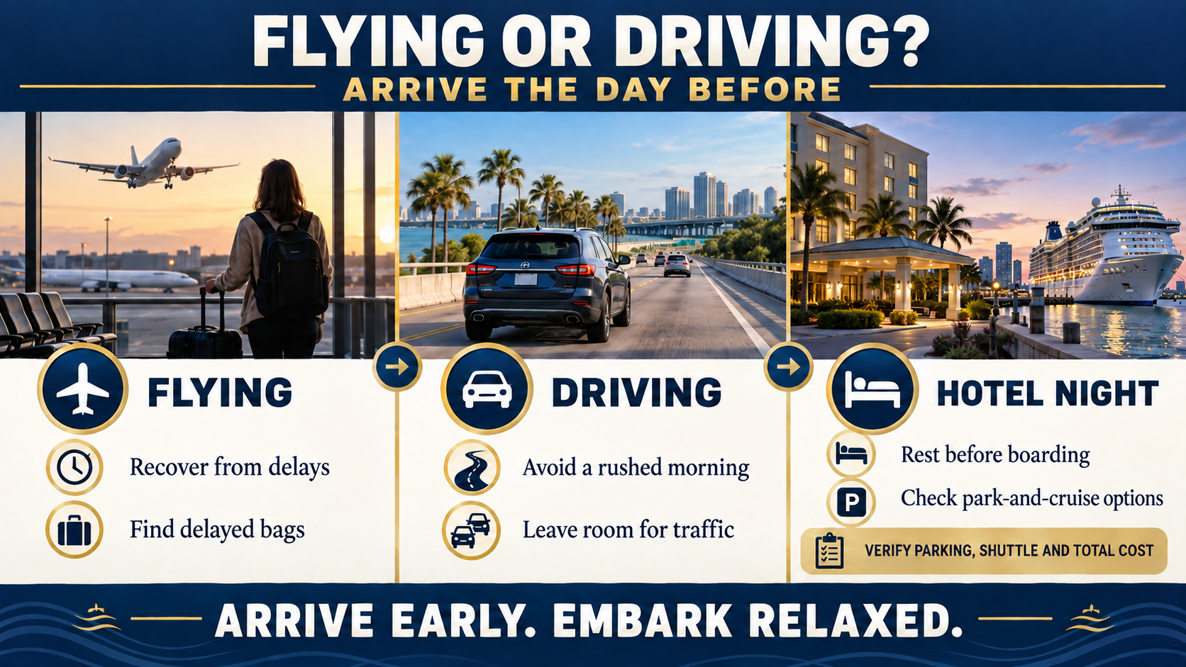 Cruise-planning infographic showing how travelers arriving by airplane or car can use a hotel night to recover from delays, avoid a rushed morning, investigate park-and-cruise options and embark relaxed.