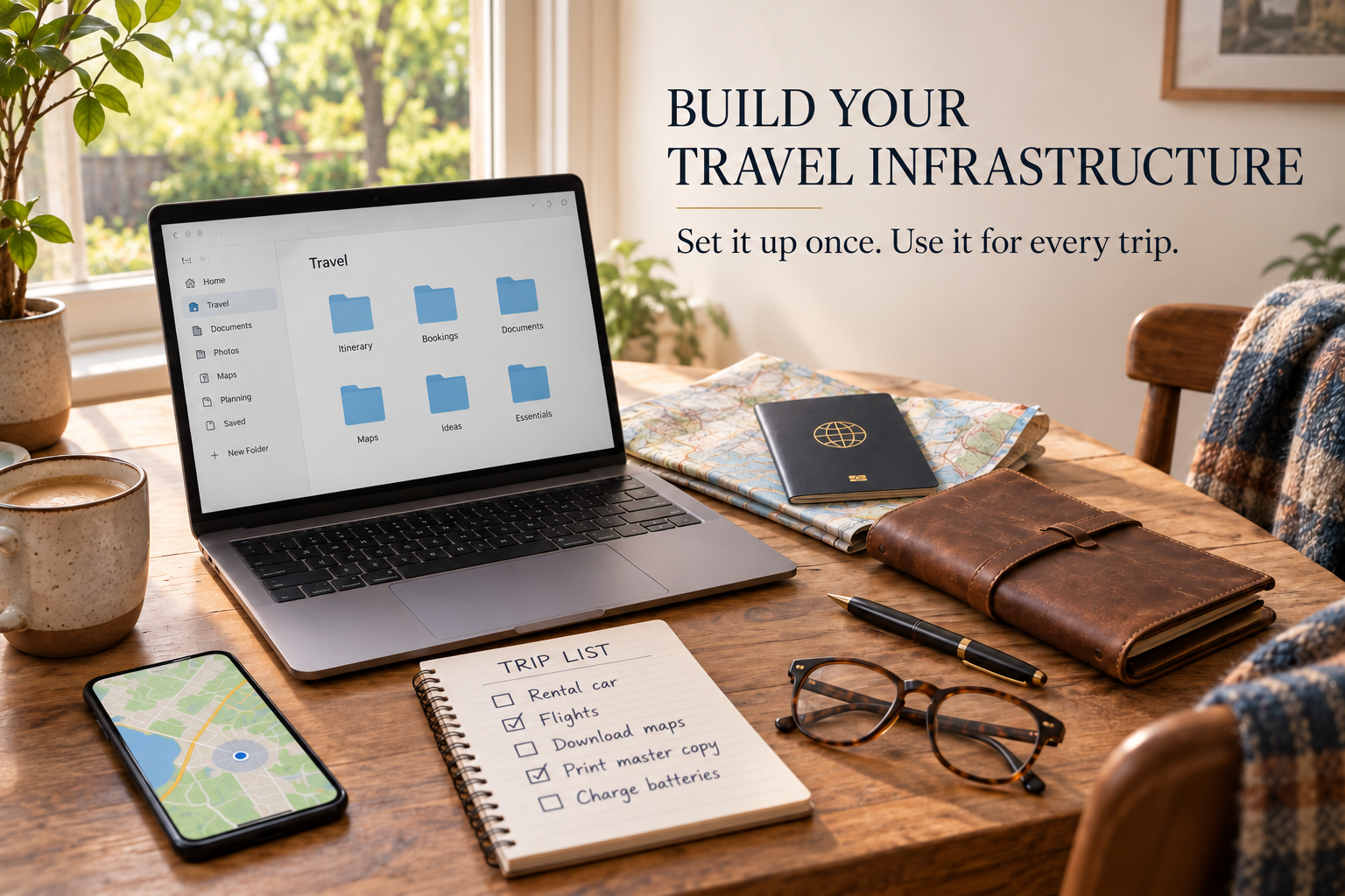 Warm home travel-planning workspace with a laptop, phone map, paper folder, passport and handwritten trip checklist illustrating a simple reusable planning system.