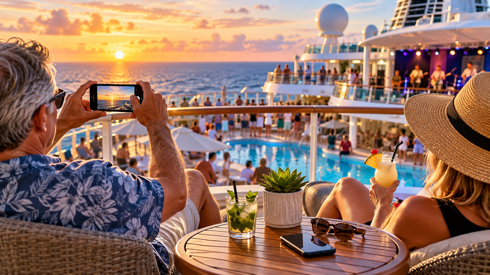 Couple relaxing on a cruise ship deck at sunset with smartphones nearby, illustrating how much internet passengers actually need at sea.
