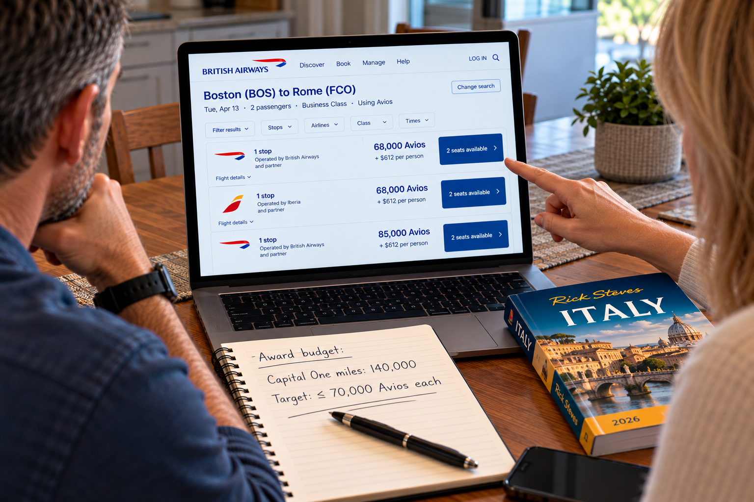 Couple planning an award trip from Boston to Rome, comparing two business-class Avios redemptions with their available Capital One miles and the additional costs of positioning flights and an airport hotel.