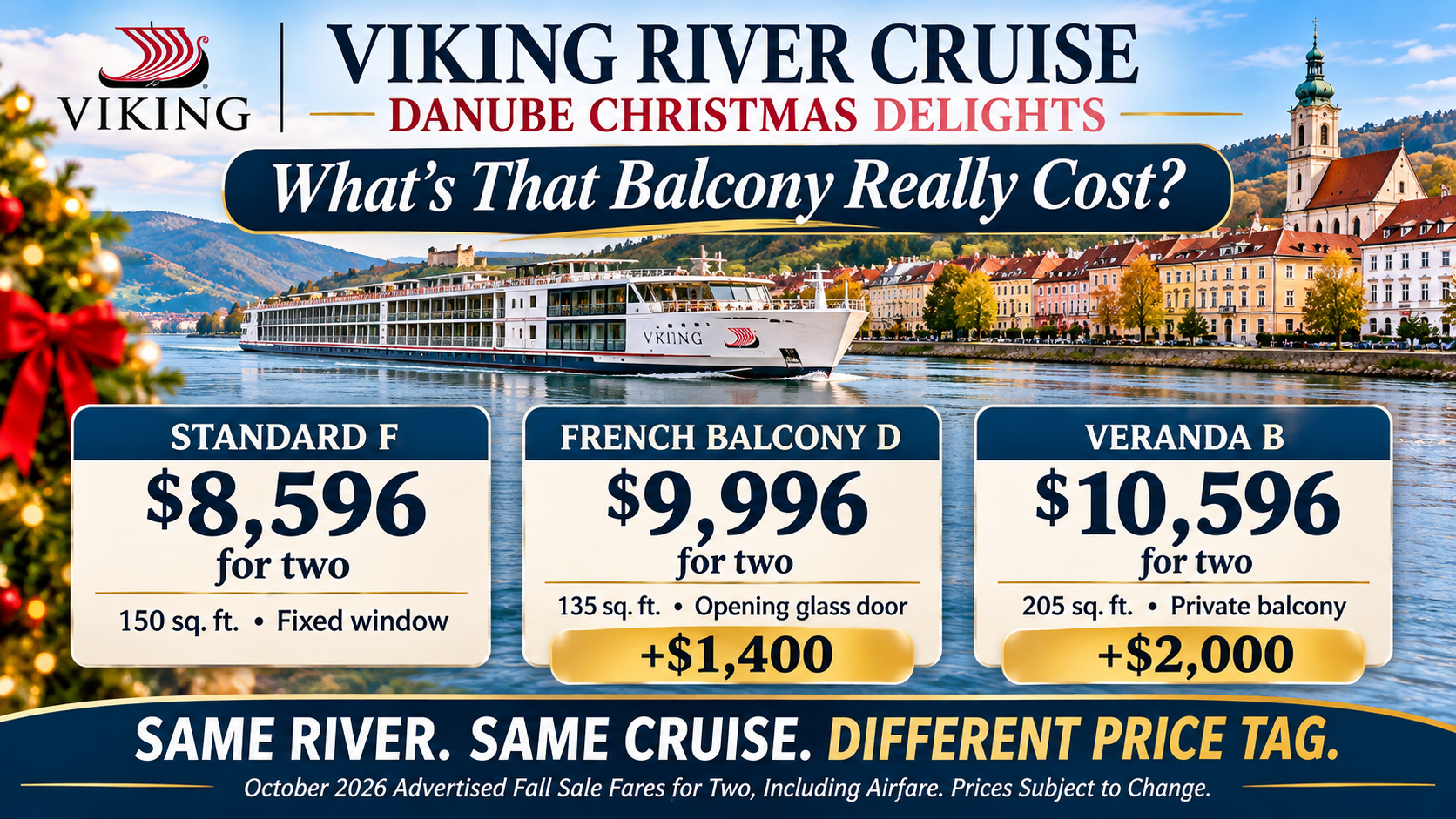 Viking Danube Christmas Delights pricing comparison showing Standard F at $8,596, French Balcony D at $9,996, and Veranda B at $10,596 for two travelers including advertised airfare.