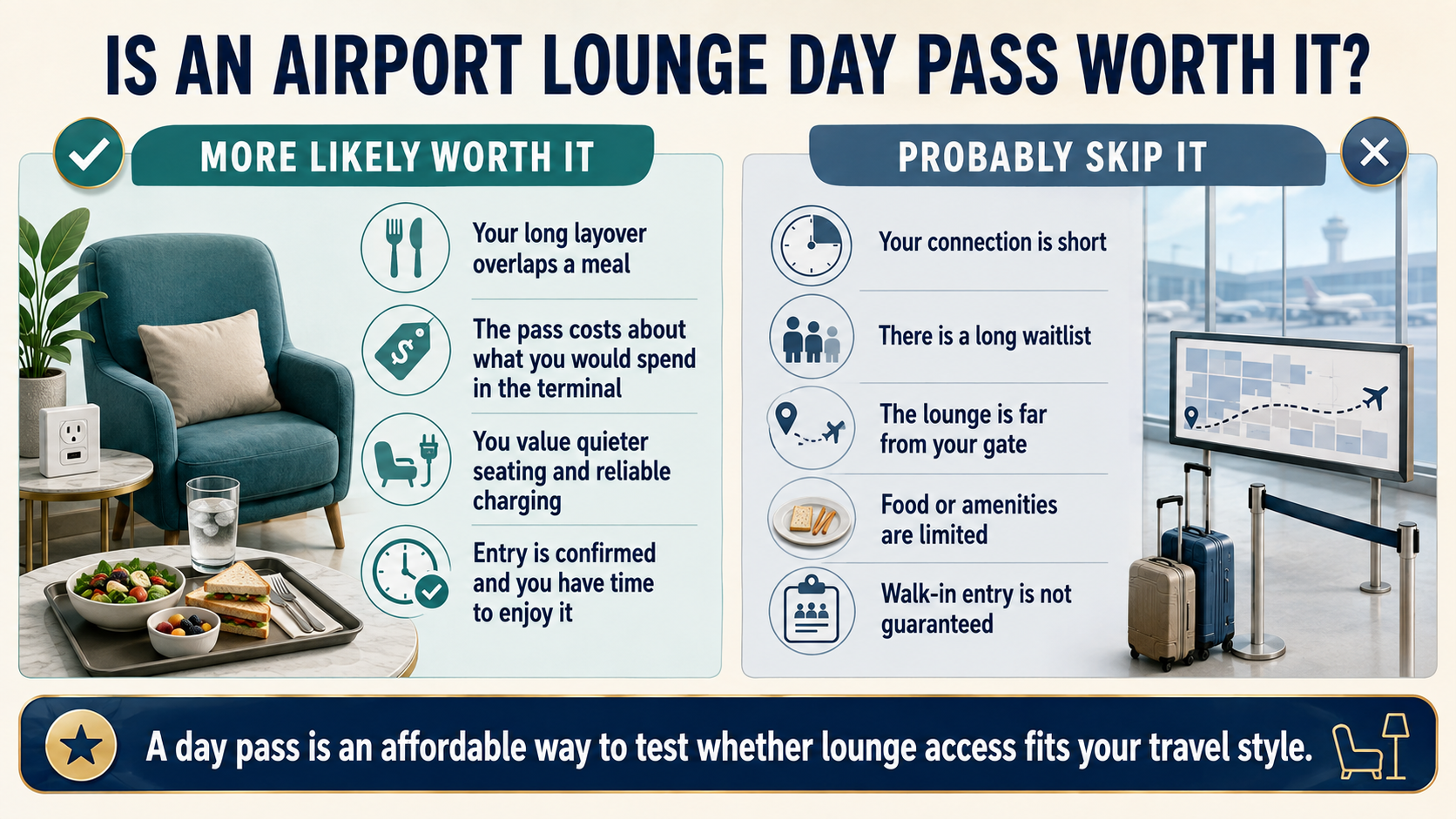 Checklist comparing when an airport lounge day pass is likely worth buying and when travelers should probably skip it.