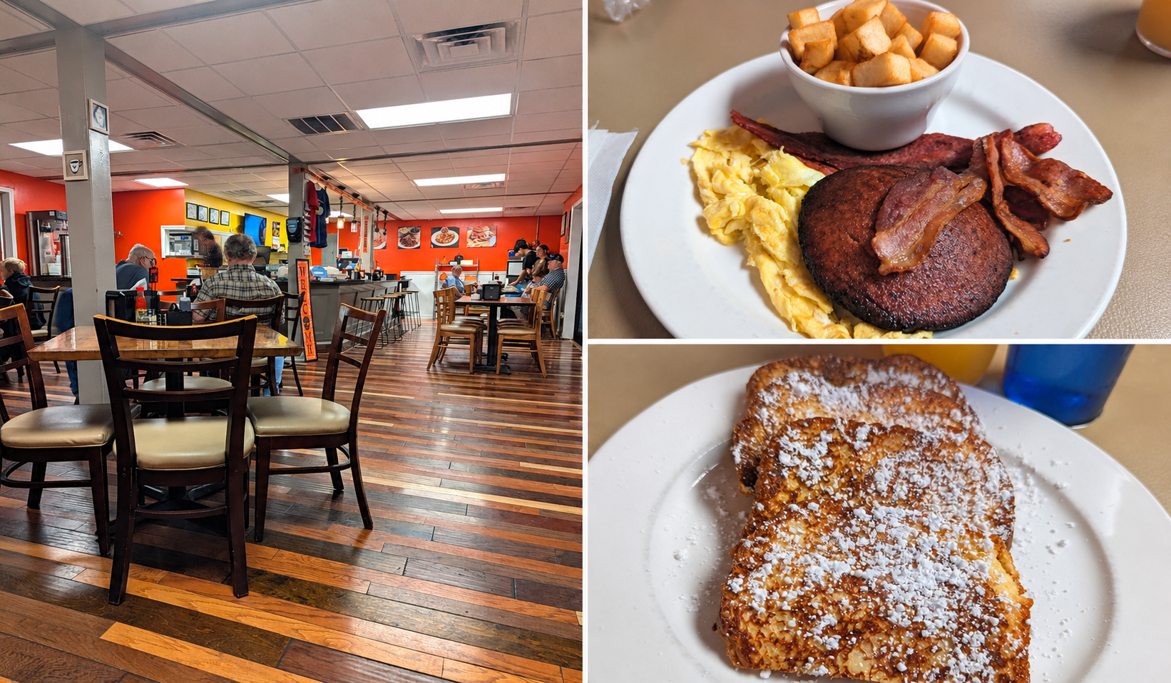 Collage showing the dining room at Crack of Dawn Diner, a breakfast plate with eggs and bacon, and French toast dusted with powdered sugar.