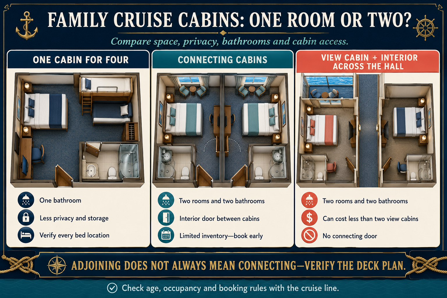 Family cruise cabin comparison showing one cabin for three or four passengers, two connecting cabins and a view cabin located near an interior cabin across the hall.