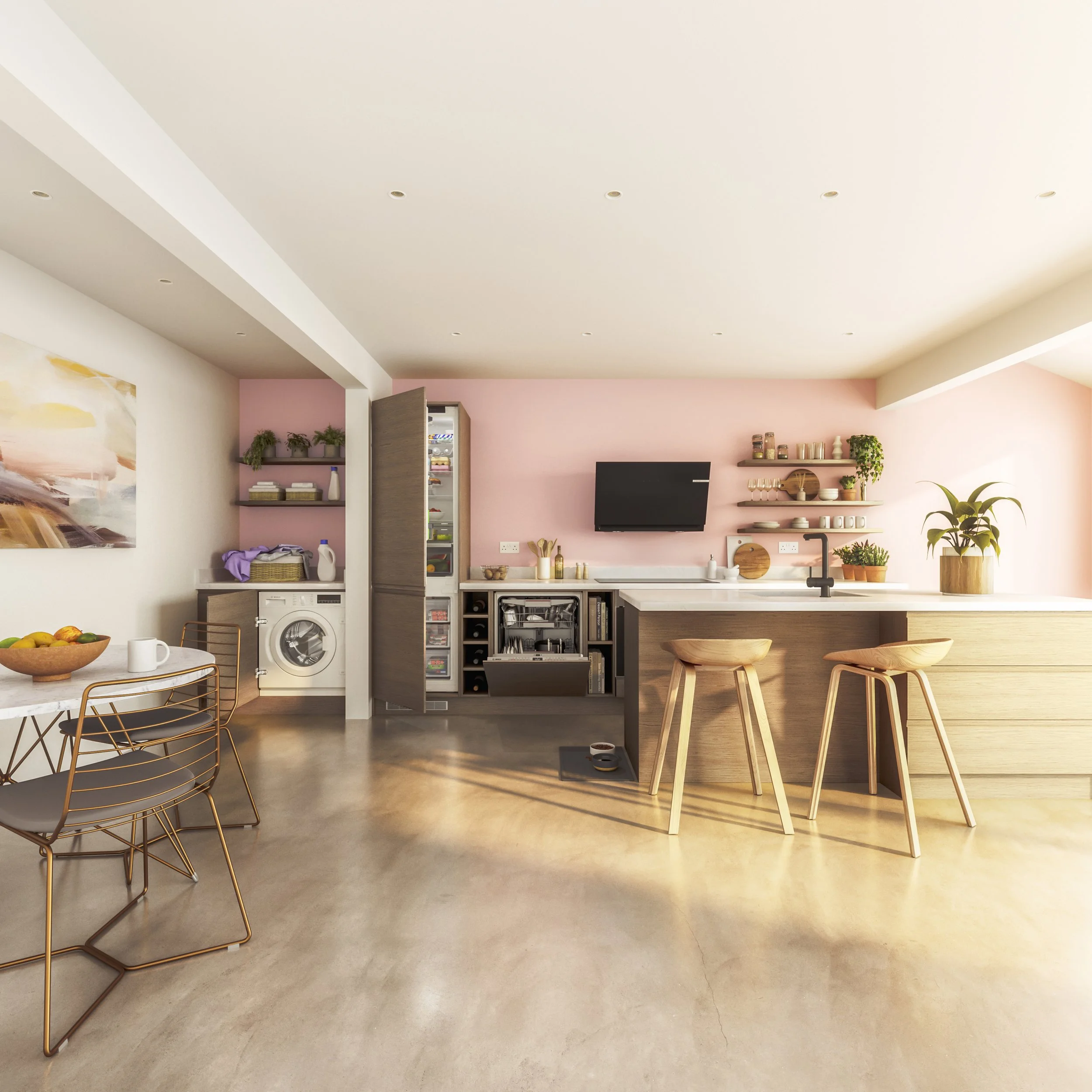 Modern apartment kitchen. Integrated appliances. Washing machine. integrated dishwasher. Integrated fridge freezer. Extractor hood.