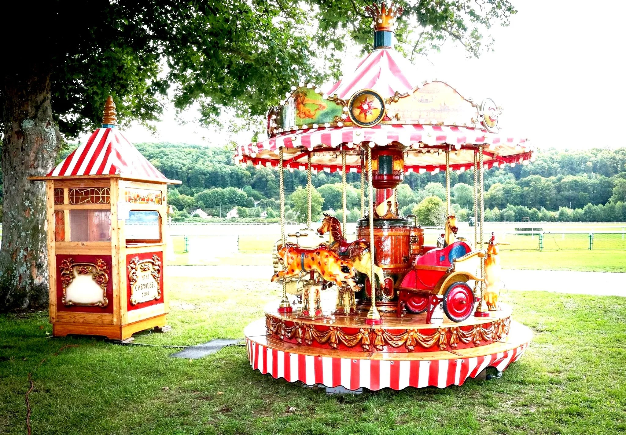 Carrousel vintage rouge et or dans un parc en plein air, sous un arbre, avec des chevaux en bois peint, entouré d'herbe verte et de collines verdoyantes.