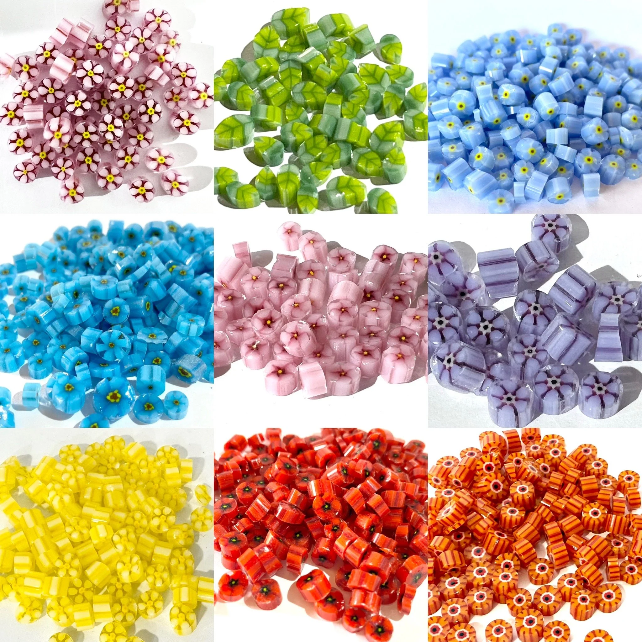 Assorted  colourful glass murrini in different colours and designs, including pink, white, yellow, green, blue, yellow, red and orange.