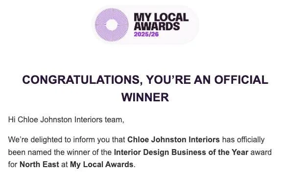 And that's a hat-trick! 🏆🏆🏆

I honestly can't believe I'm writing this... this is the third award Chloe Johnston Interiors has received in the past two months! 🥹

I actually received this email last month but had to keep it under wraps until the 