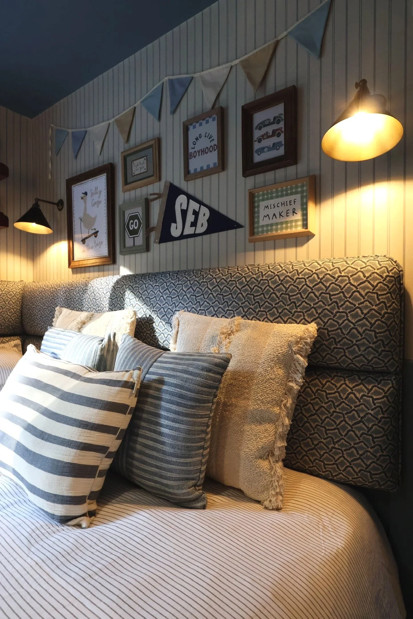 Boys Bedroom Sunderland Interior Design UK Stripe bespoke headboard the pure edit industville corston