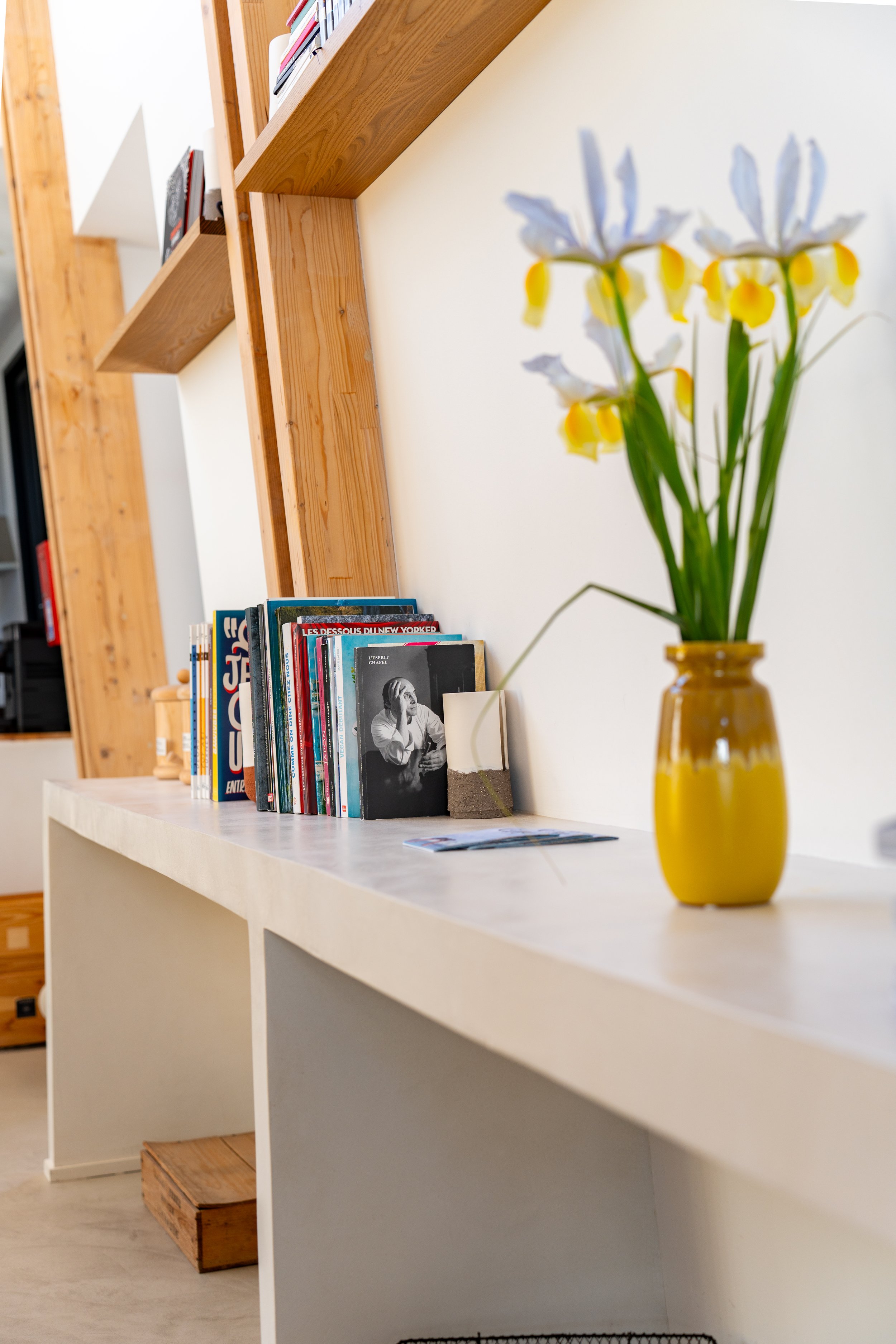 Une étagère en bois avec des livres et une plante en vase jaune, dans une pièce lumineuse.
