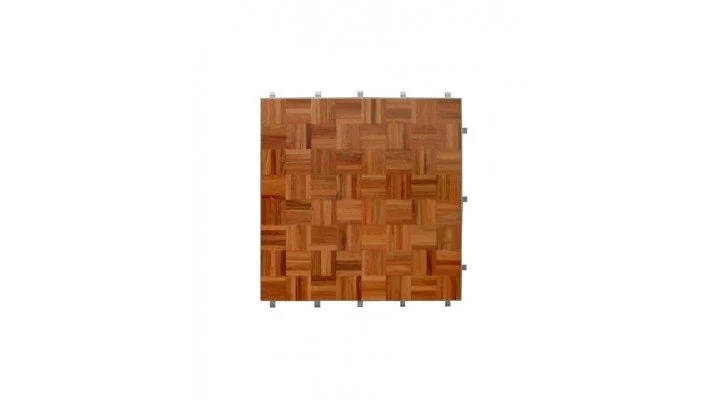 Top-down view of a wooden parquet flooring panel with a checkerboard pattern.