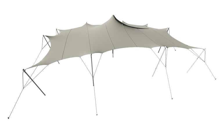 A large outdoor canopy with multiple supporting poles, providing shade over a seating or gathering area.