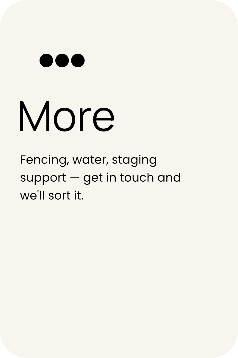 Text message on a mobile phone screen offering assistance with fencing, water, and staging support, encouraging users to get in touch.