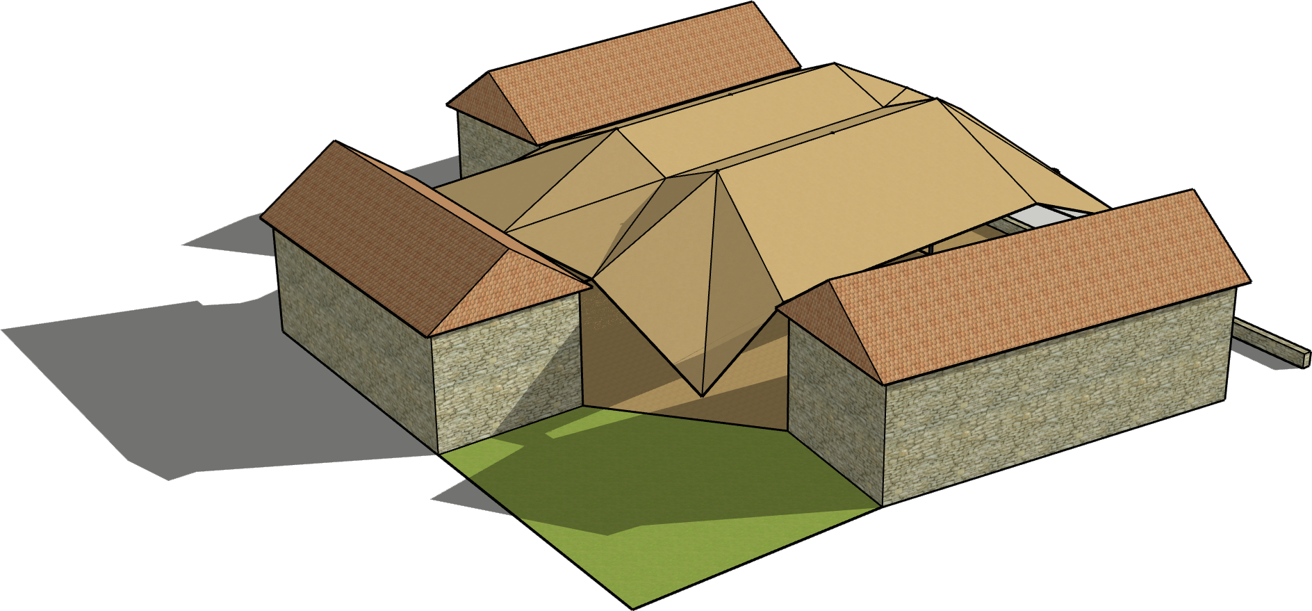 3D architectural model of a building with stone walls and multiple roof sections, including gabled and hipped roofs, with a grassy area in the front.