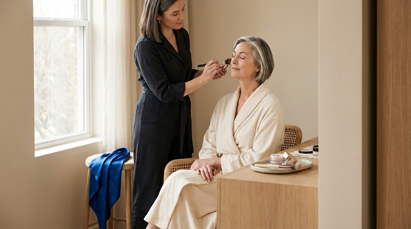 A makeup artist applying makeup to a woman sitting with eyes closed in a beige robe in a well-lit room.