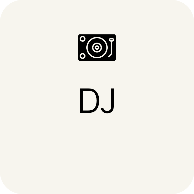 Graphic with a DJ symbol and the word 'DJ' in black on a white background.