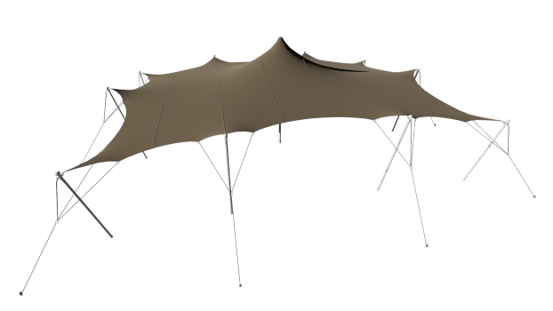 A large beige outdoor canopy tent with metal supports.