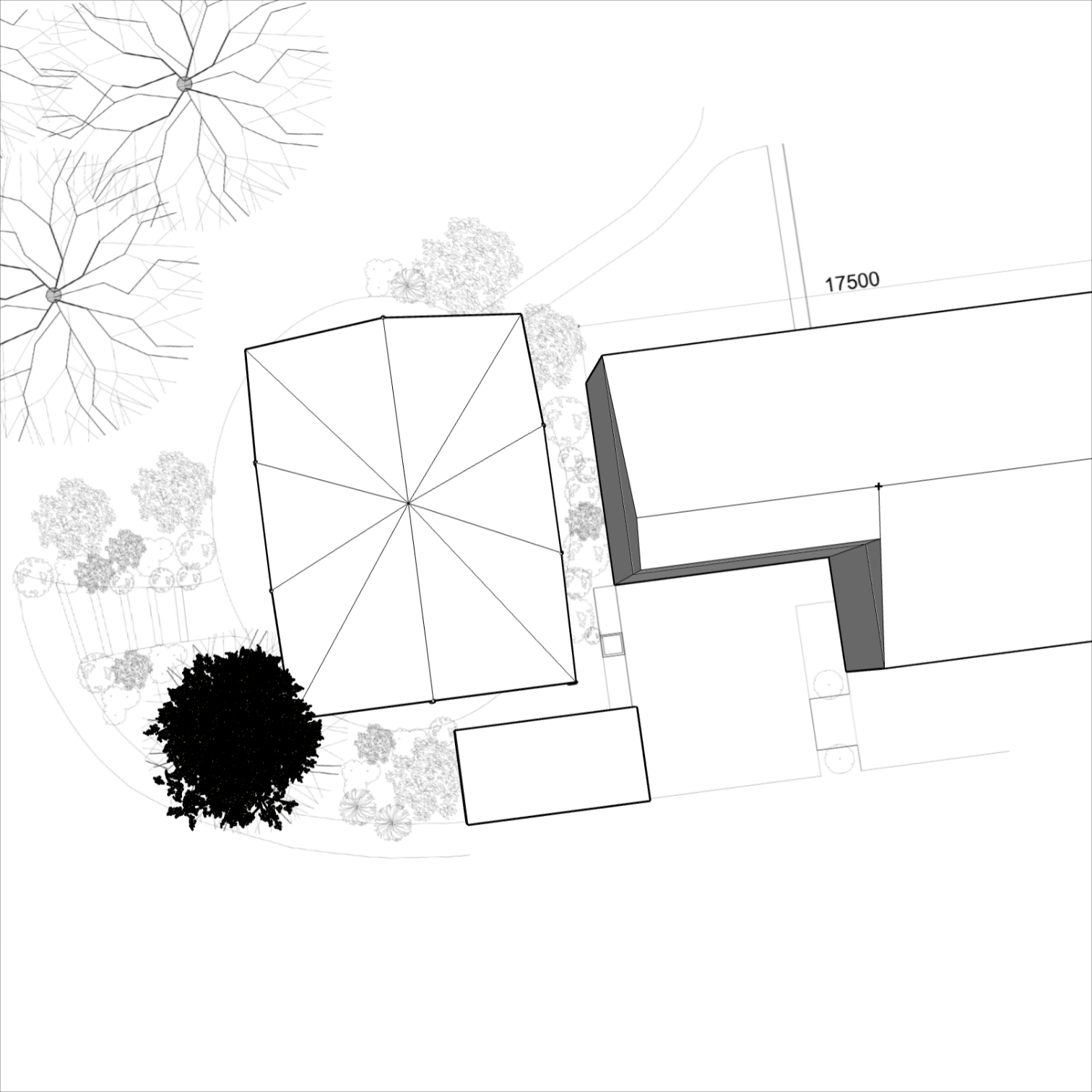 Architectural blueprint of a residential property showing building outlines, trees, and landscape features from an aerial perspective.