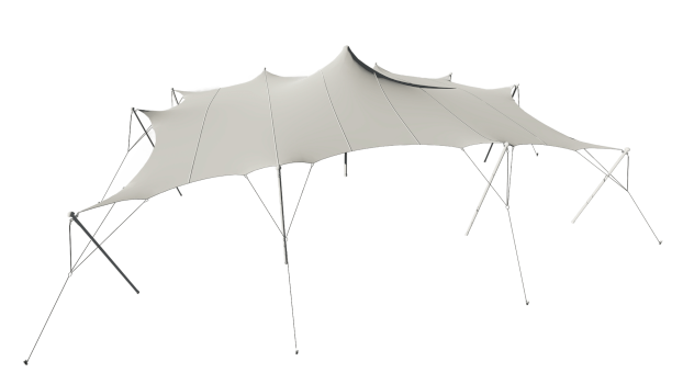 Close-up of a beige outdoor sunshade or canopy with ropes and supports, partially open.