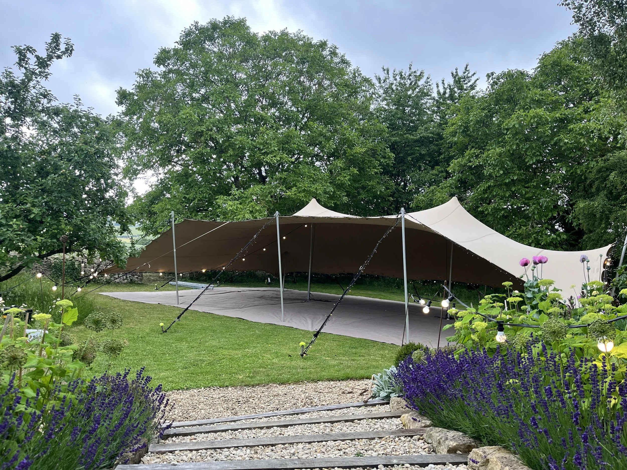 A large outdoor event tent with string lights, set up on a grassy area surrounded by lush green trees. There are flower beds with purple and pink flowers in the foreground. The sky is partly cloudy.
