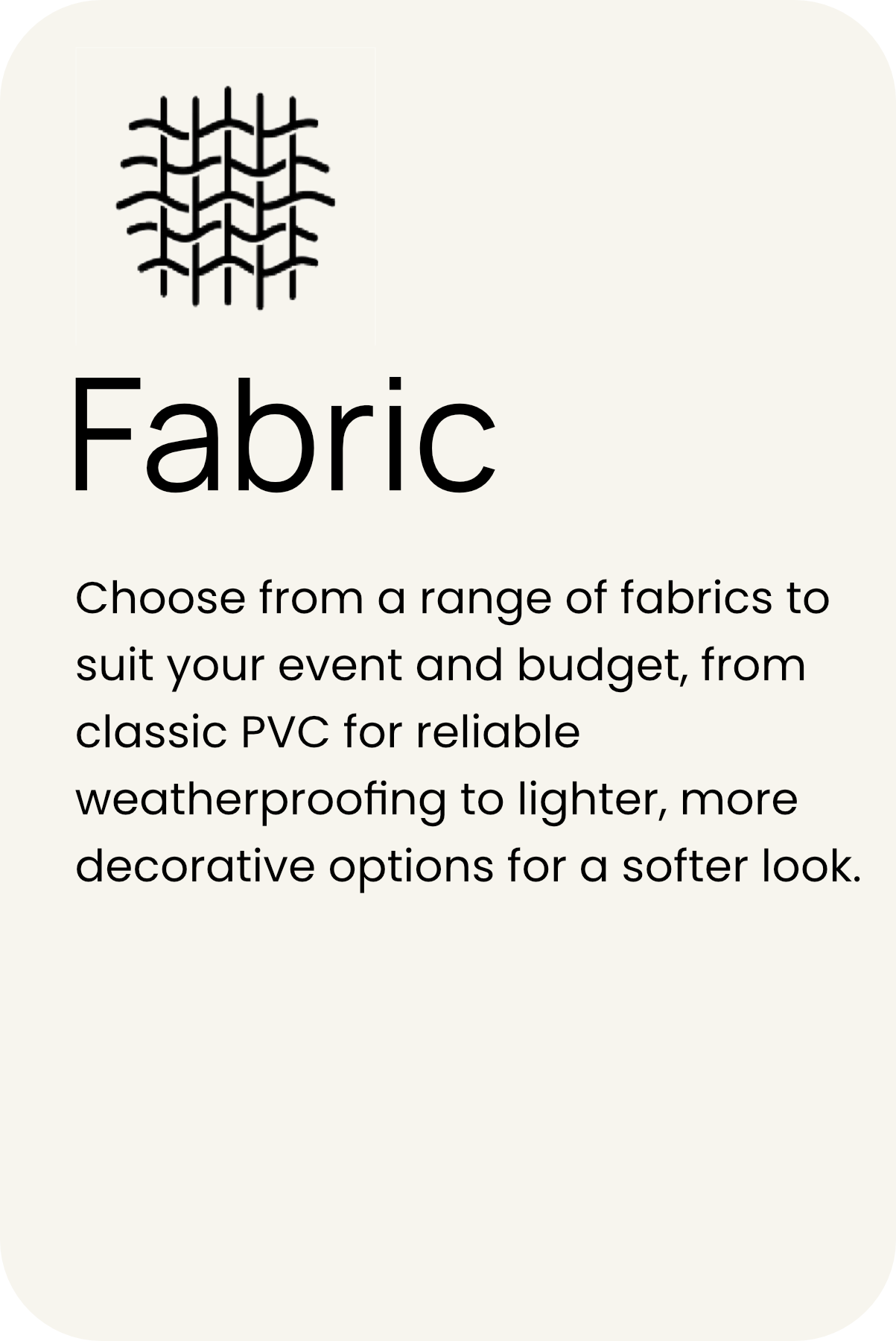 Text about fabric options with a simple black line illustration of fabric at the top.