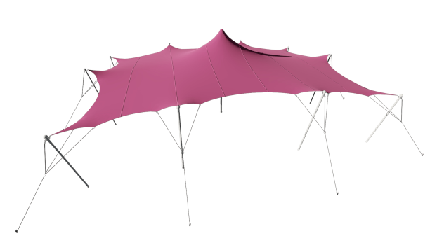 A large outdoor canopy with multiple supporting poles, providing shade over a seating or gathering area.