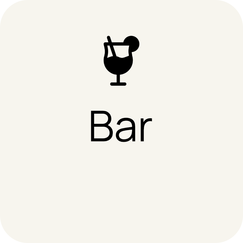 Icon of a cocktail drink with a straw and an orange slice, above the word 'Bar'.