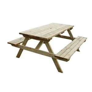 Wooden outdoor picnic table with attached benches