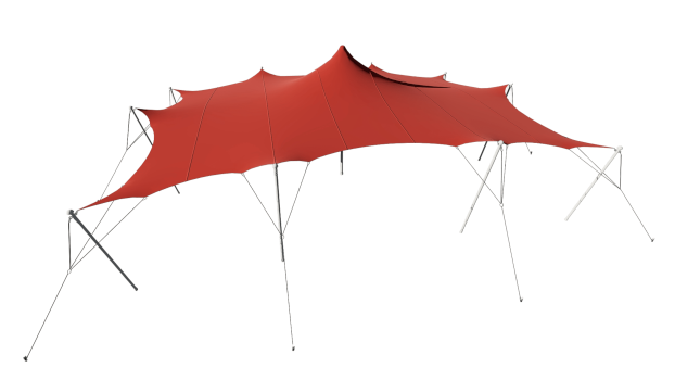 A large outdoor canopy with multiple supporting poles, providing shade over a seating or gathering area.
