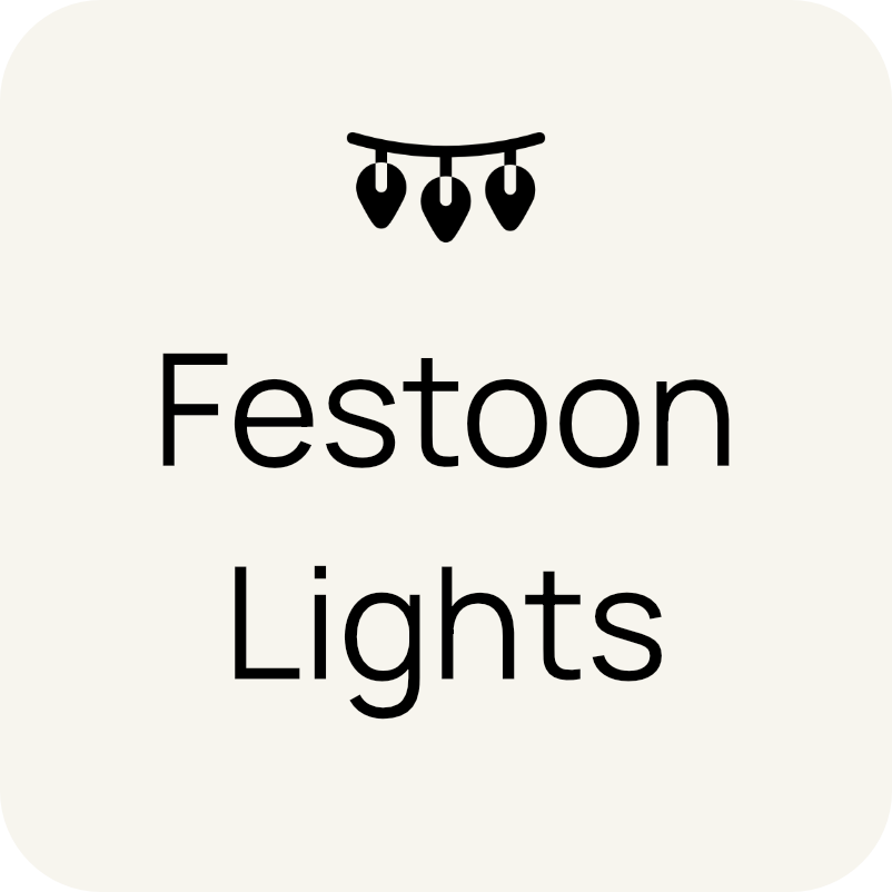 Black icon of hanging decorative lights above the words 'Festoon Lights' in black text on a light background.
