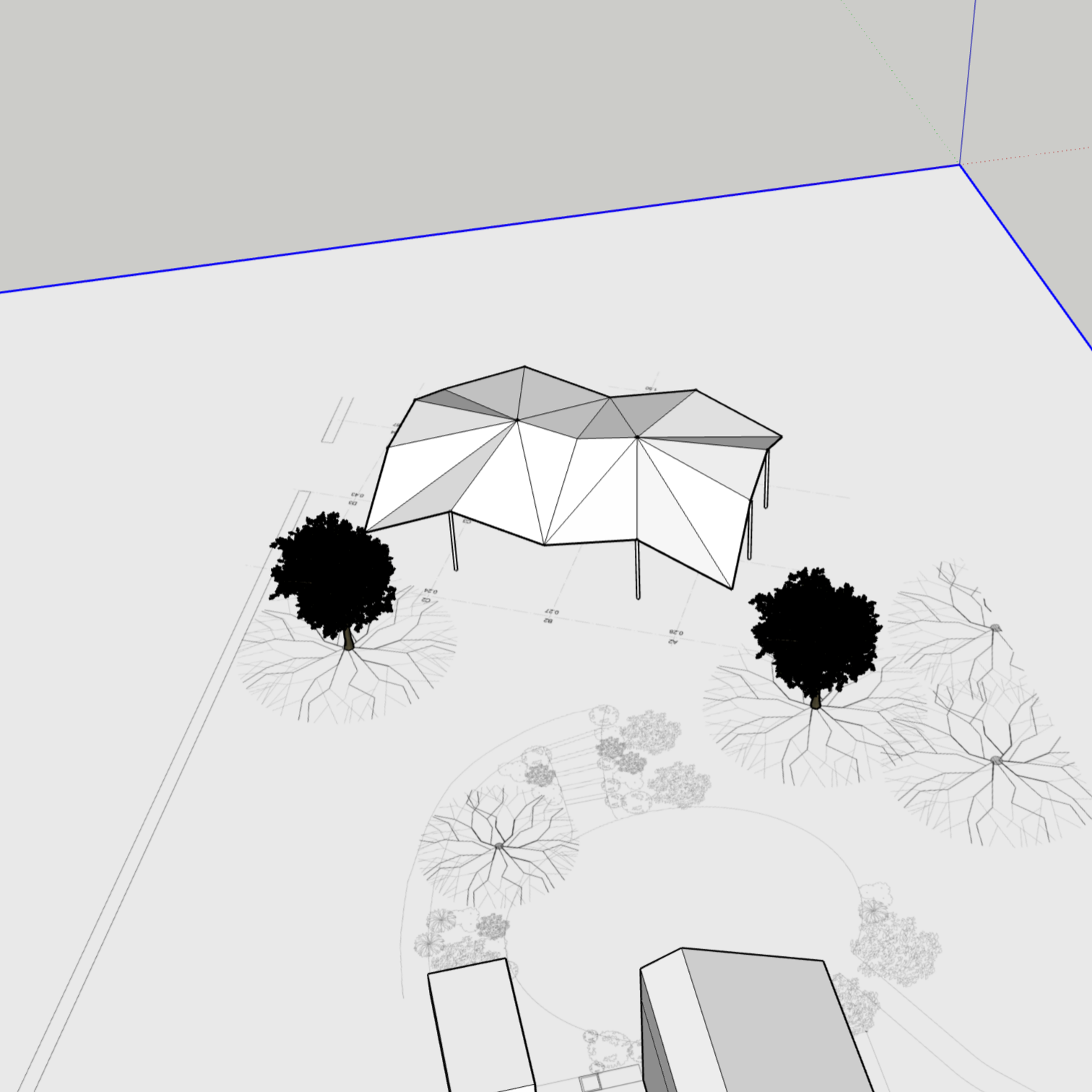 Architectural rendering of an outdoor area with a central structure featuring a geometric, tent-like roof, surrounded by trees and landscaping.