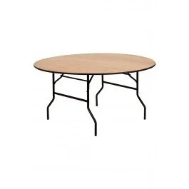 Round wooden table with black metal legs.