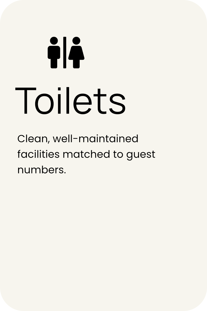 Toilet sign with icons of a man and woman, indicating clean, well-maintained facilities matched to guest numbers.