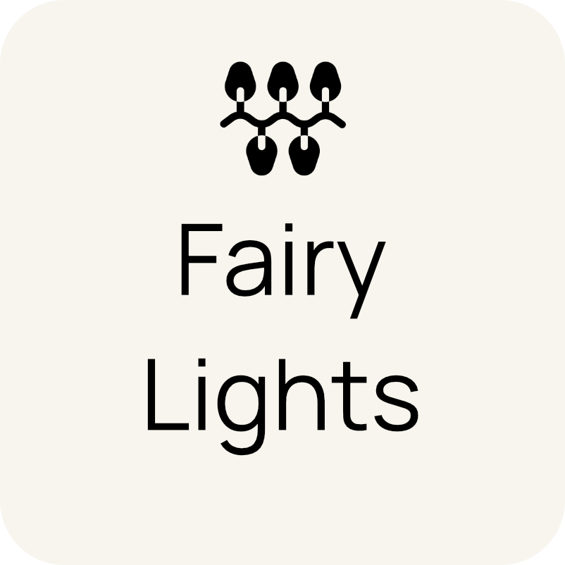 Icon of three fairy lights above the text 'Fairy Lights' in black, on a white background.