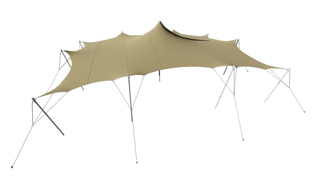 A beige outdoor canopy or tent shelter with multiple support poles.