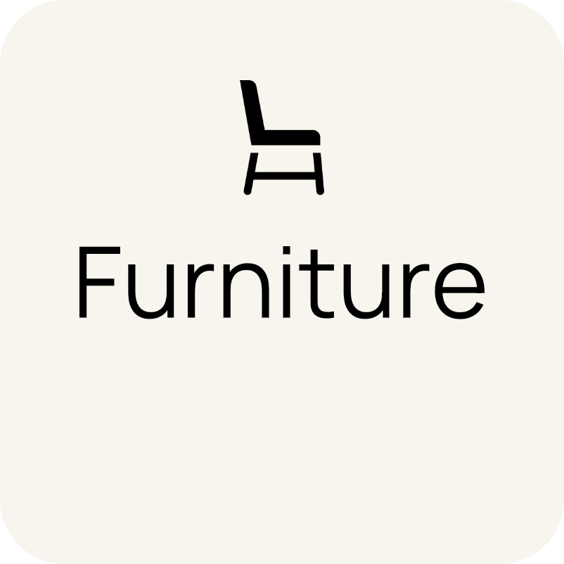 An icon of a chair above the word 'Furniture' on a white background.