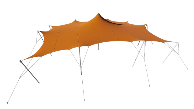 A brown canopy or shade sail supported by four metal poles, providing shade outdoors.