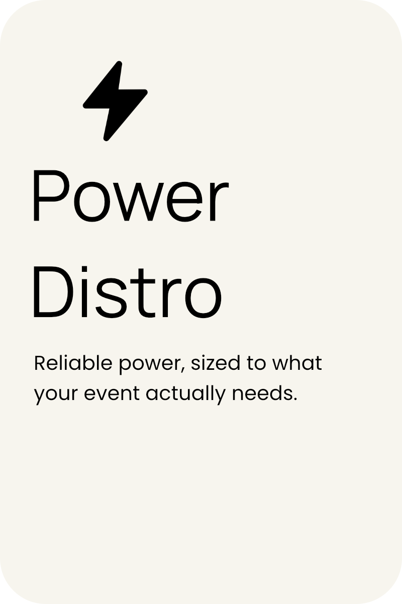 An advertisement for Power Distro showing a lightning bolt icon, with the words 'Power Distro' and the tagline 'Reliable power, sized to what your event actually needs.'