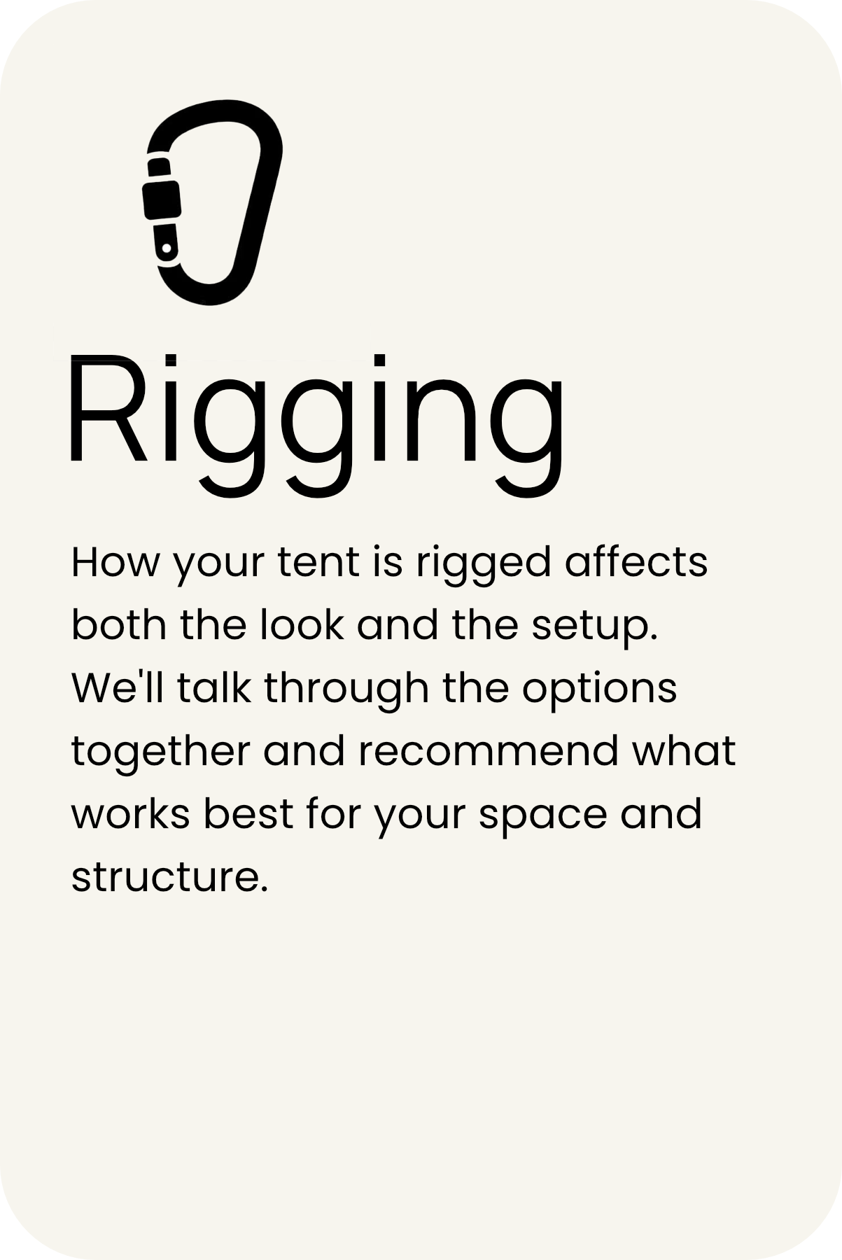 A graphic explaining how tent rigging affects its appearance and setup, with a simple icon of a tent peg and paragraph describing rigging options.