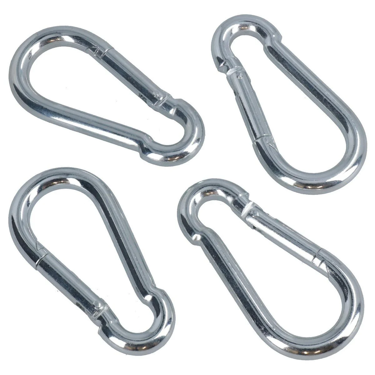 Four shiny metal carabiner clips arranged in a cluster on a white background.
