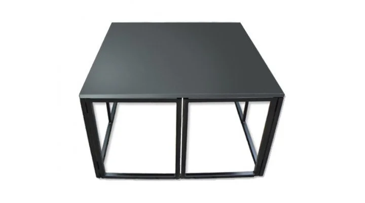 Black metal frame table with a solid dark tabletop, viewed from above.