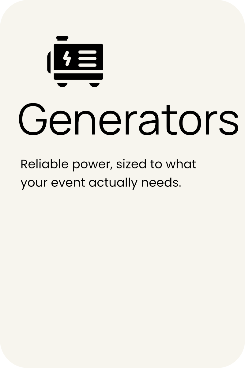 A graphic design poster showing a stylized black and white illustration of a generator above the word 'Generatos'. The poster contains the text: 'Reliable power, sized to what your event actually needs.'