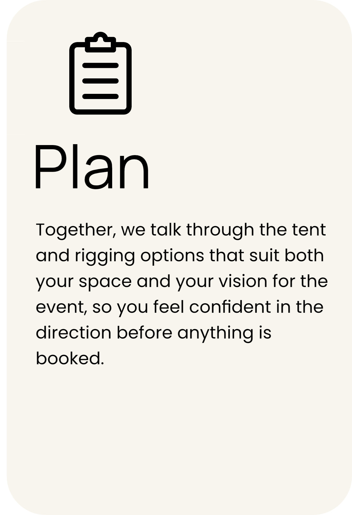 A digital planning guide with an icon of a clipboard and the title 'Plan'. The text discusses preparing a tent and rigging options for an event to feel confident and well-prepared.