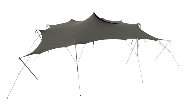 A large outdoor canopy with multiple supporting poles, providing shade over a seating or gathering area.