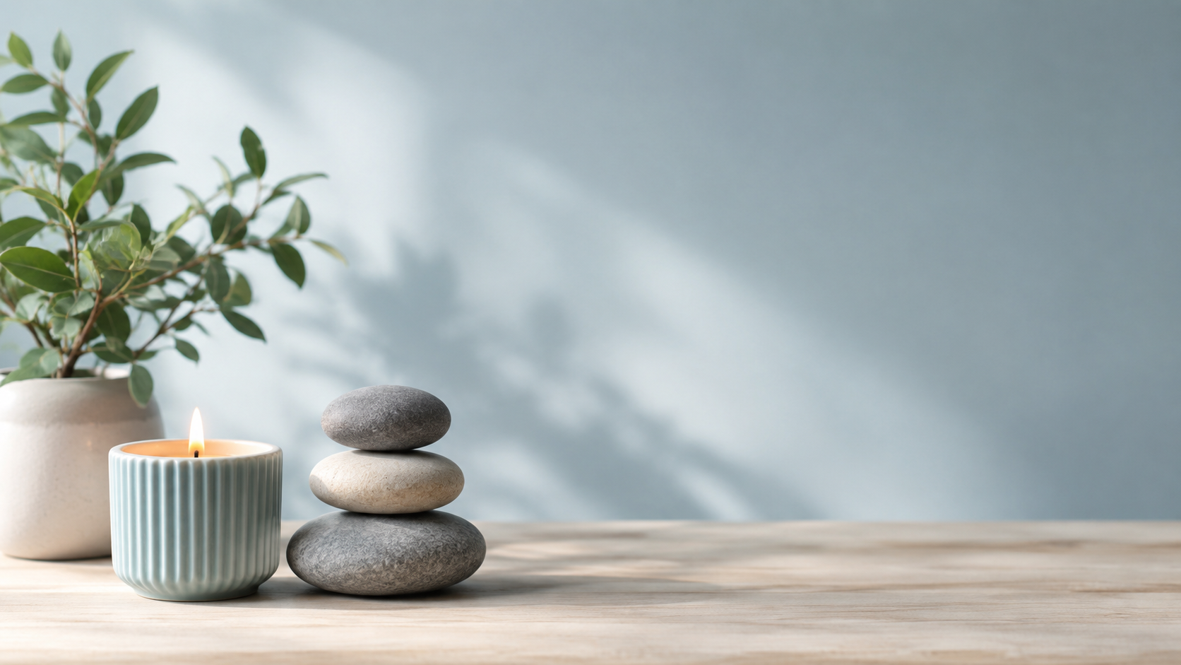 Decorative arrangement with a potted green leafy plant, a lit candle in a textured blue holder, and a stack of four smooth stones on a wooden surface against a light blue wall.