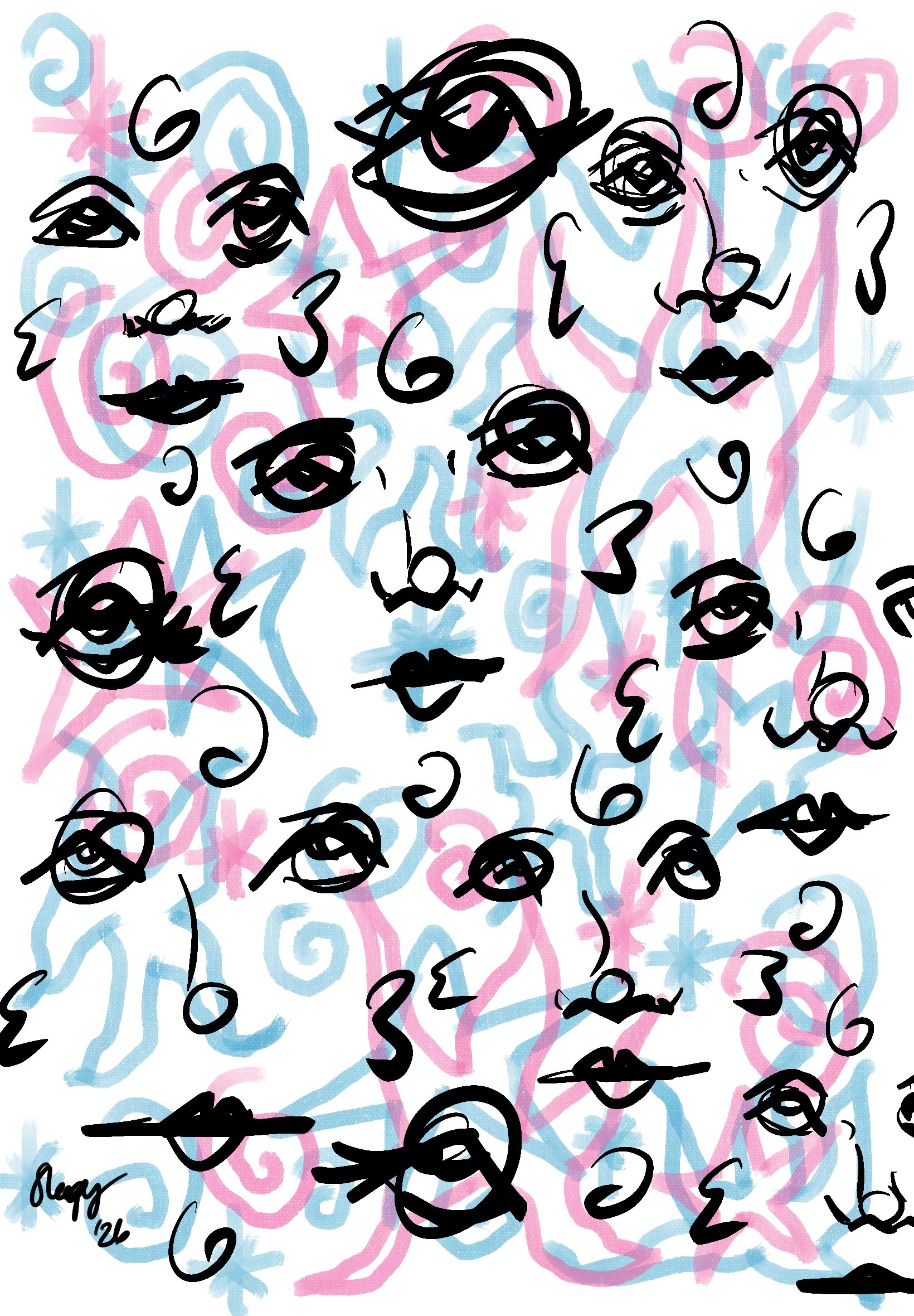 A colorful, abstract artistic digital drawing of multiple human faces and features, including eyes, lips, and noses, with pink and blue background swirls and patterns.