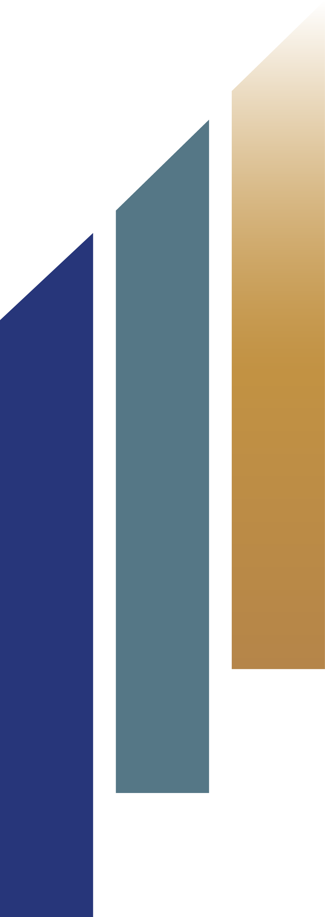 A digital bar chart with three vertical bars in different colors: blue, gray, and gold, representing increasing data values.