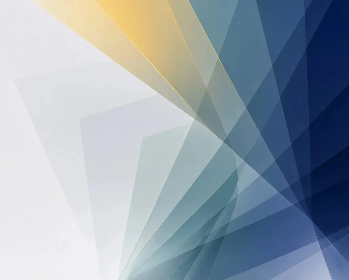Abstract geometric background with overlapping translucent triangles in shades of blue, gold, and white.
