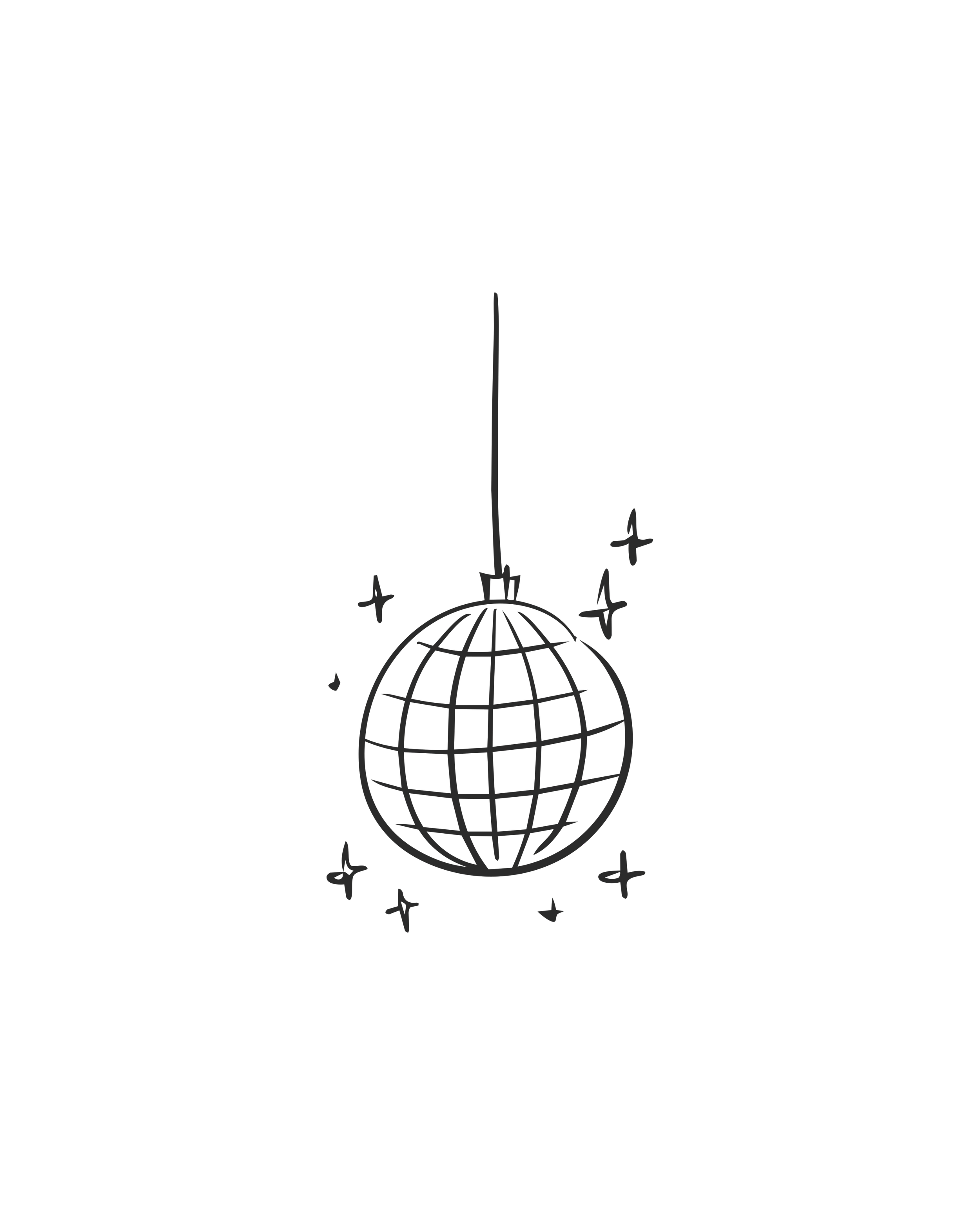 Black background with a white outline of a globe, with a disco ball hanging above it, surrounded by small star-shaped sparkles.