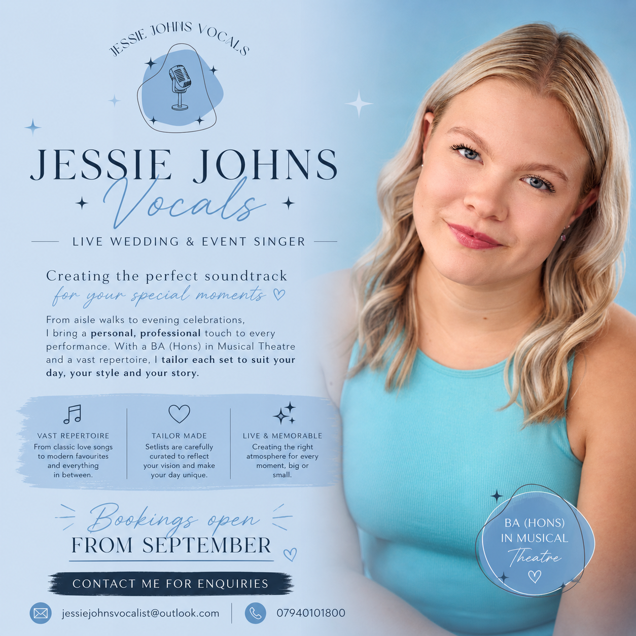Promotional poster for Jessie Johns Vocals, a live wedding and event singer. Features a young woman with blonde hair in a blue top on the right, with text on the left highlighting her singing services, repertoire, and booking information, including email and phone number.